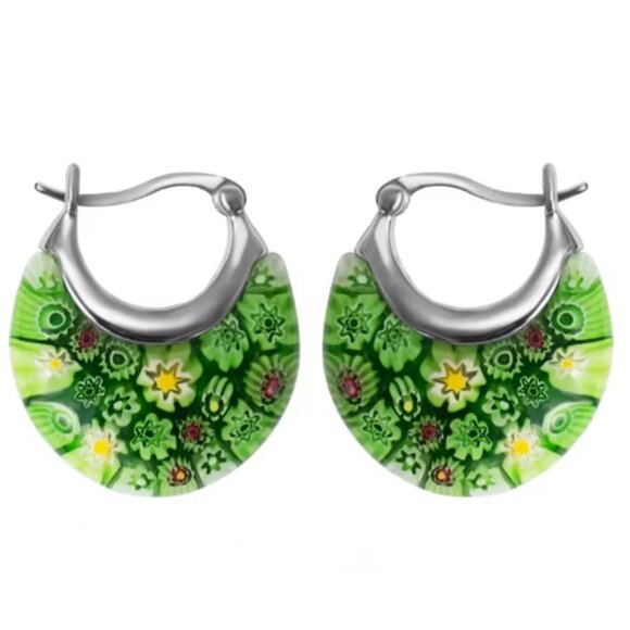 Green Murano Style Glass Hoop Earrings for Women Daisy Flower Stainless Steel - Picture 1 of 1